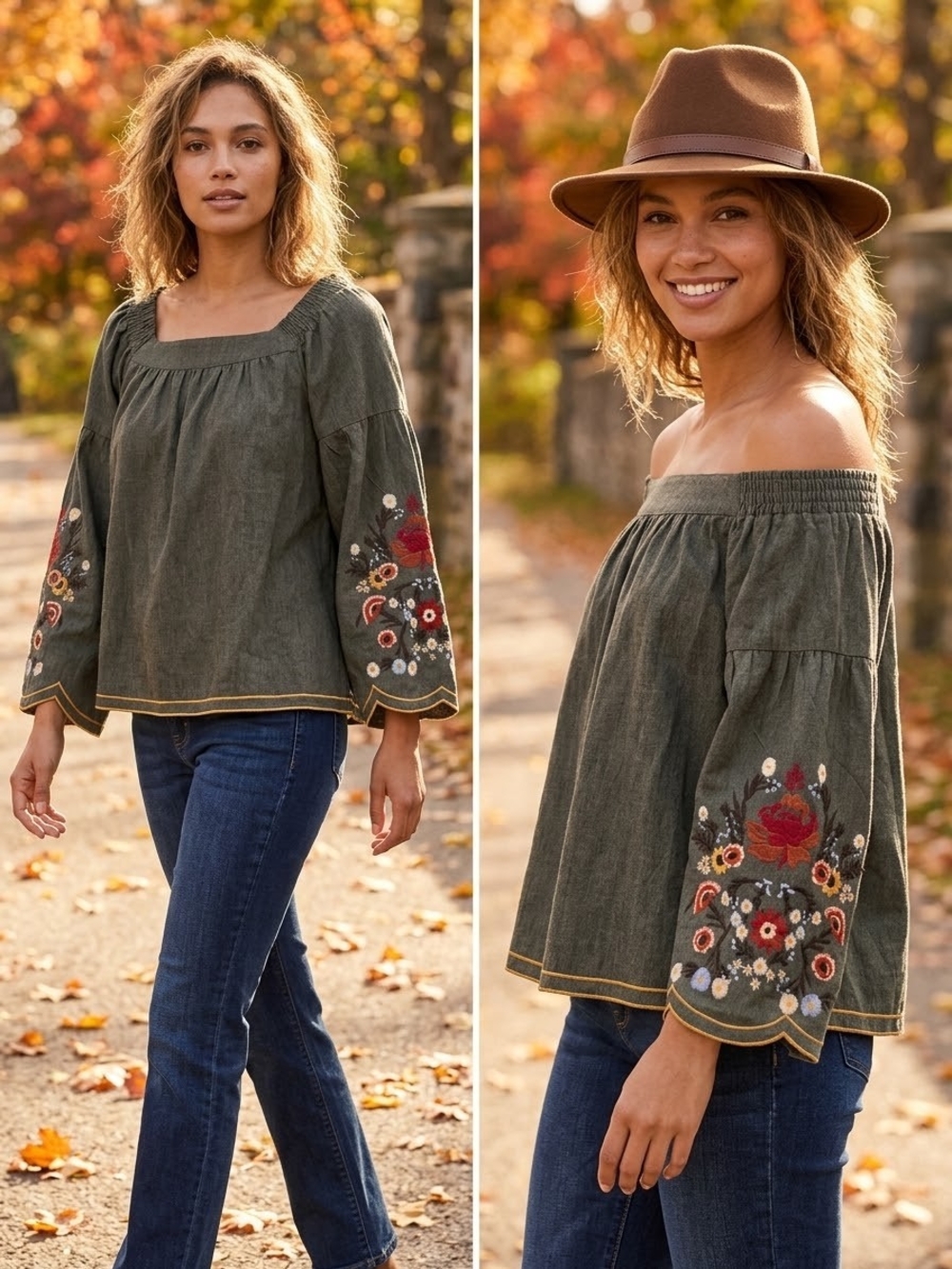 Umgee Olive Embroidered Peasant Blouse